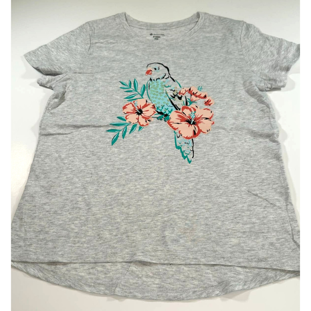 Girls Grey T-Shirt with Sequin accented Parrot, 10/12